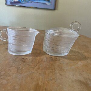 MCM Mid Century Birch Wood Patterned Glass Cream & Sugar 3 Pc Set, Frosted Samba